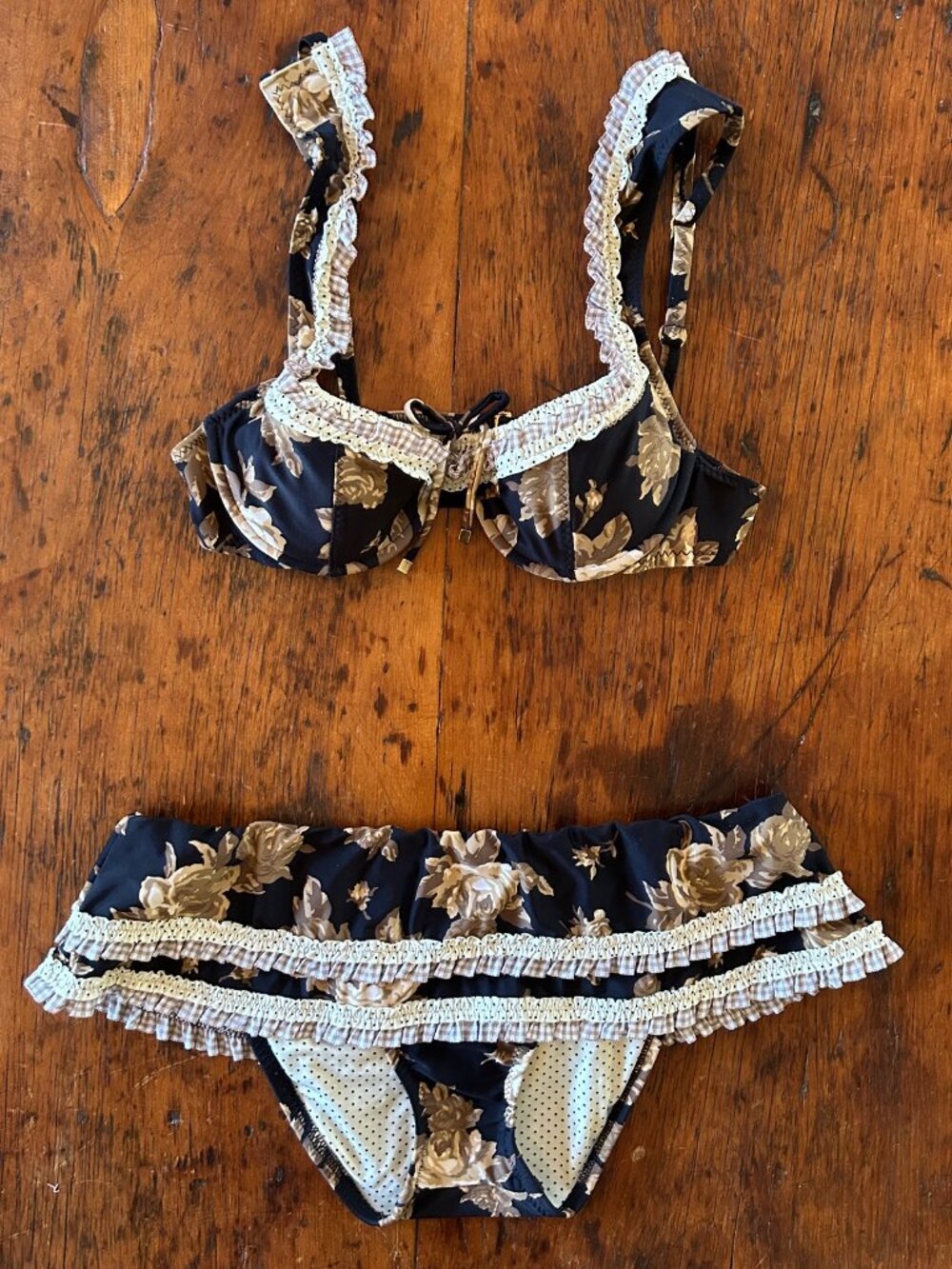 Rare Vintage Betsey Johnson Golden Roses Skirted Bikini Set
